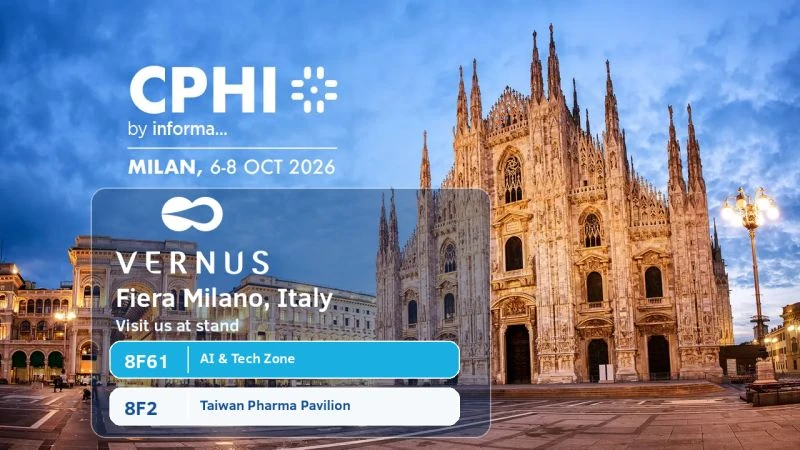 CPHI Milan 2026 event graphic: Vernus AI at Fiera Milano, stands 8F61 and 8F2